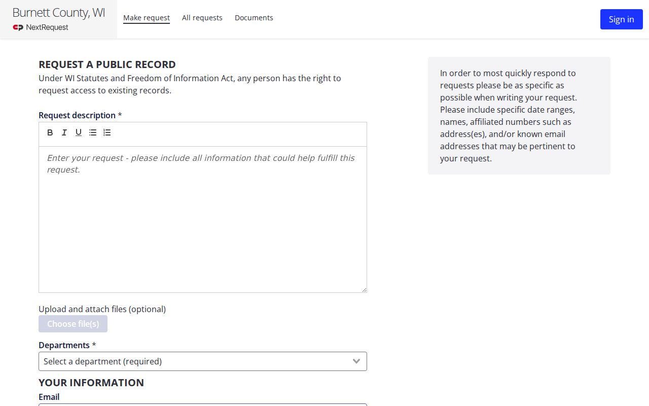 Burnett County online request portal for arrest and booking records
