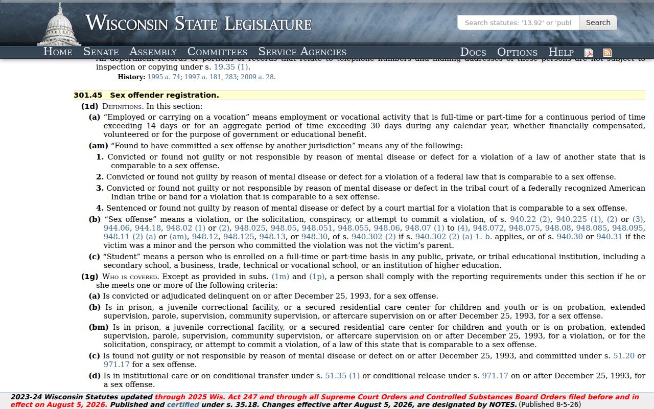 Burnett County sex offender registration requirements under Wisconsin statute